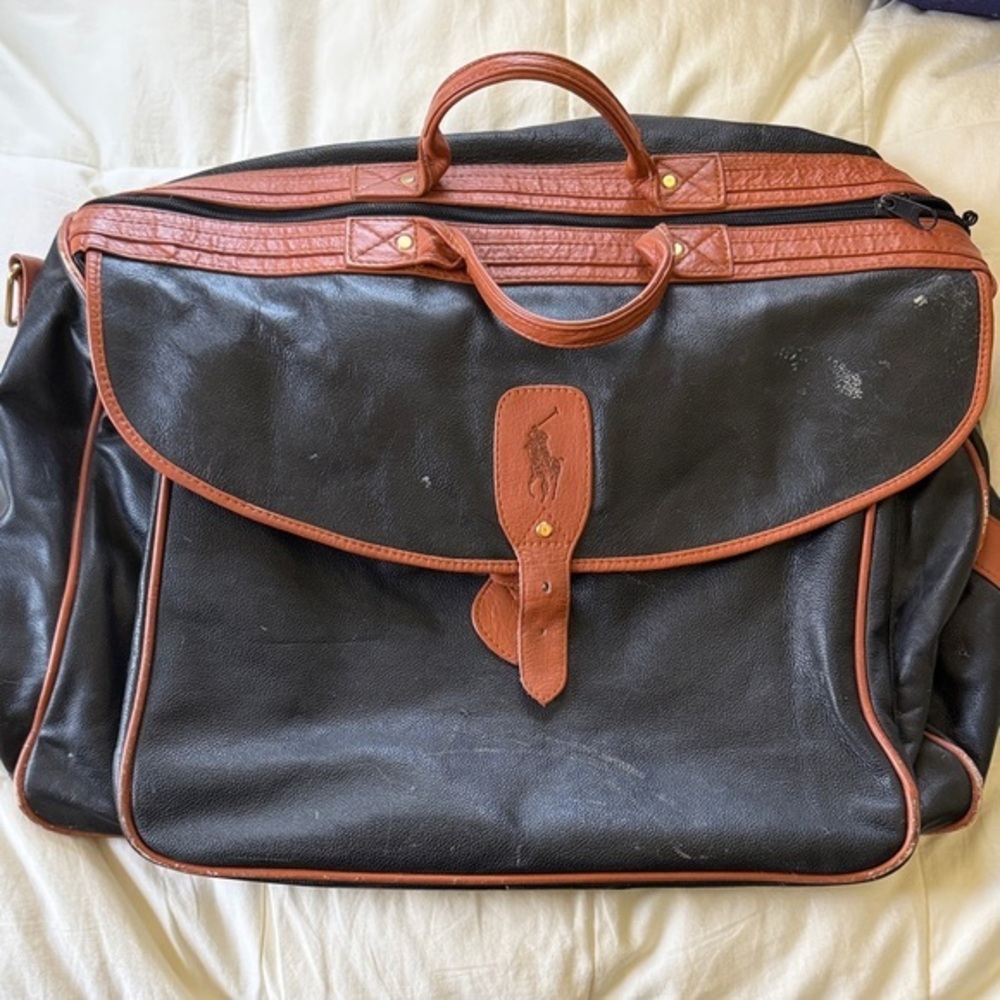 Ralph Lauren Black Leather Briefcase with Brown Trim and Polo Emblem